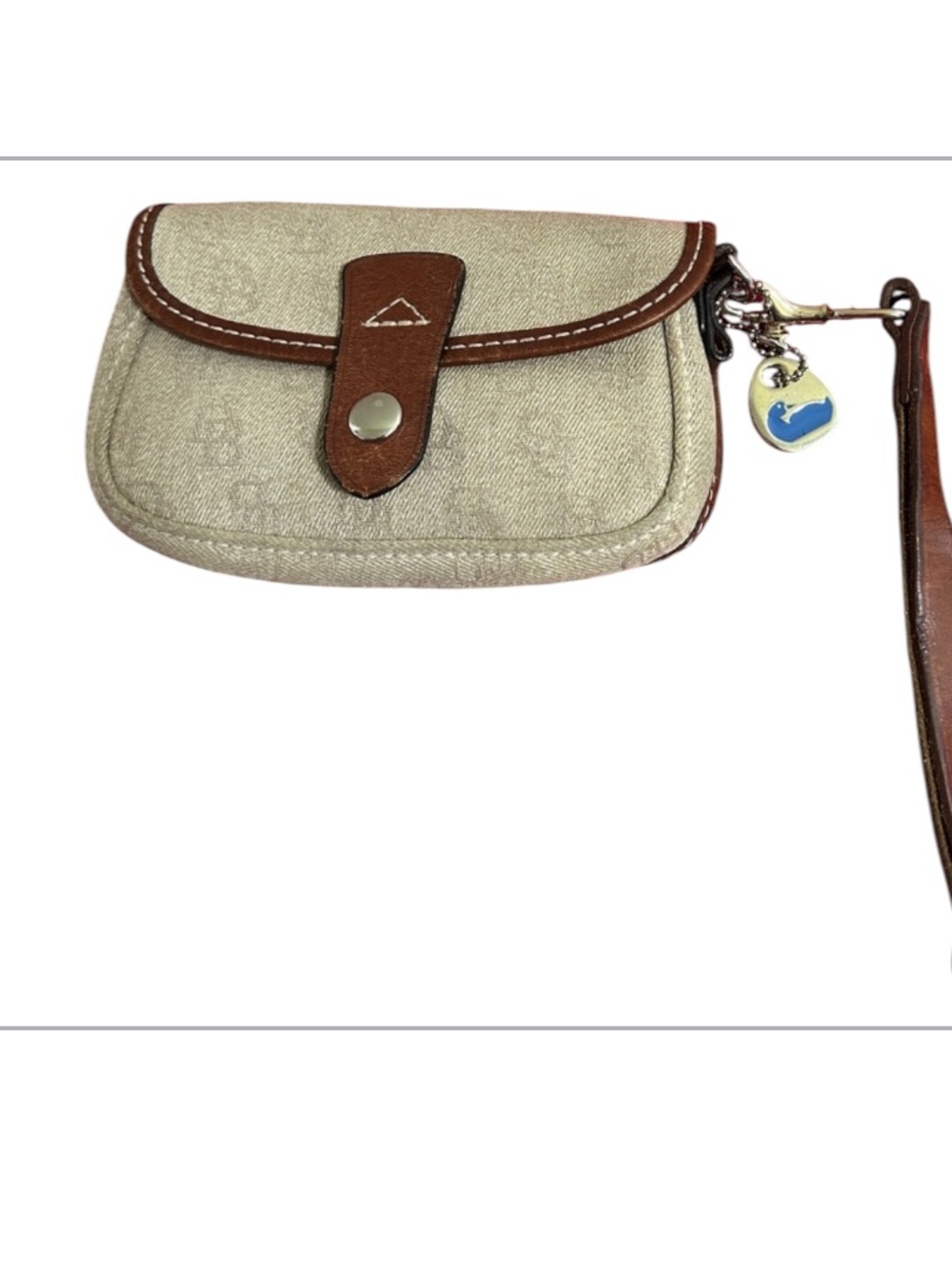 Dooney & Bourke Beige Canvas Wristlet with Brown Trim and Charm